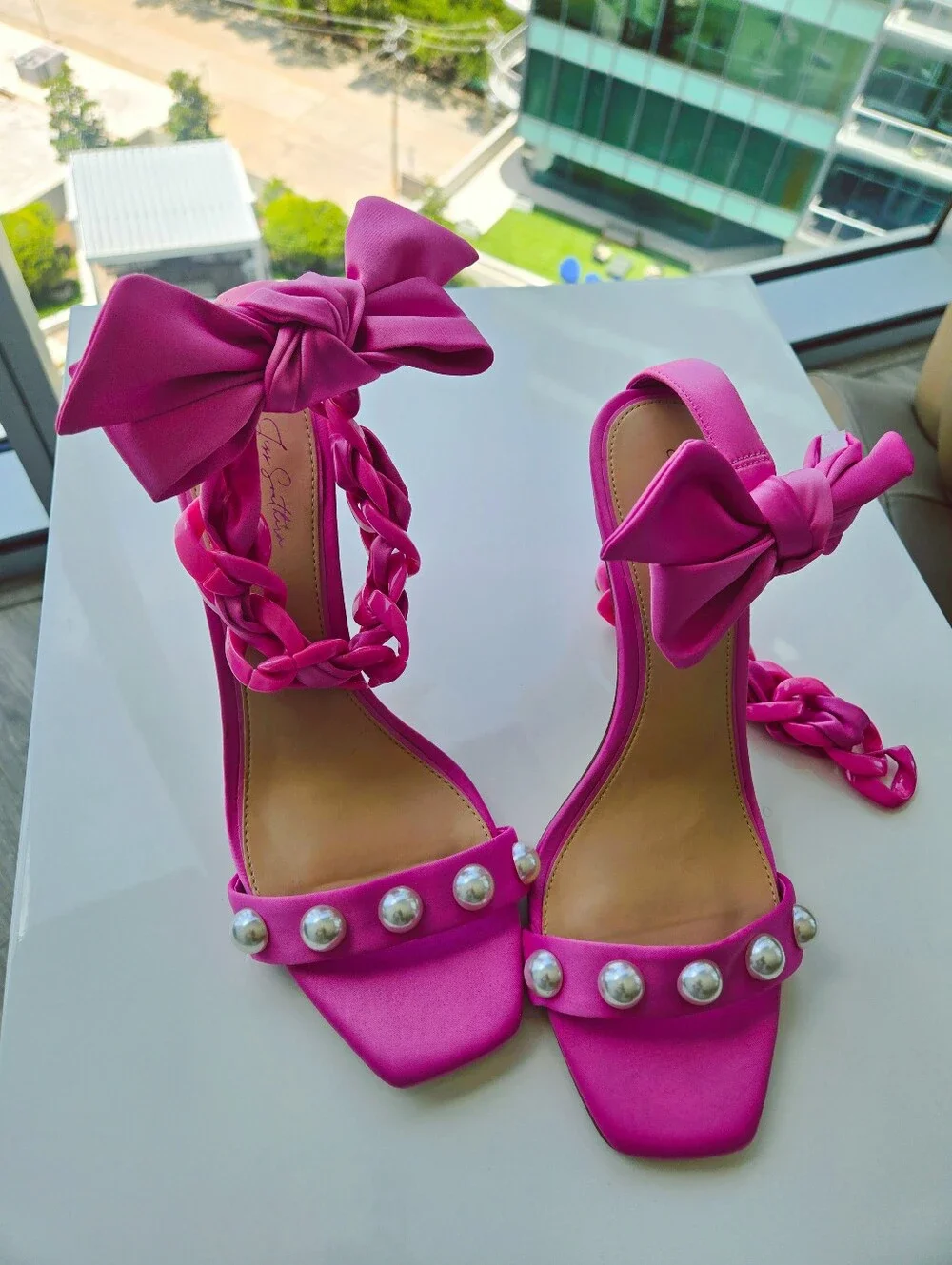 Fuchsia Satin Bow Ankle-Strap Heels with Pearl Accent Gianna Bini